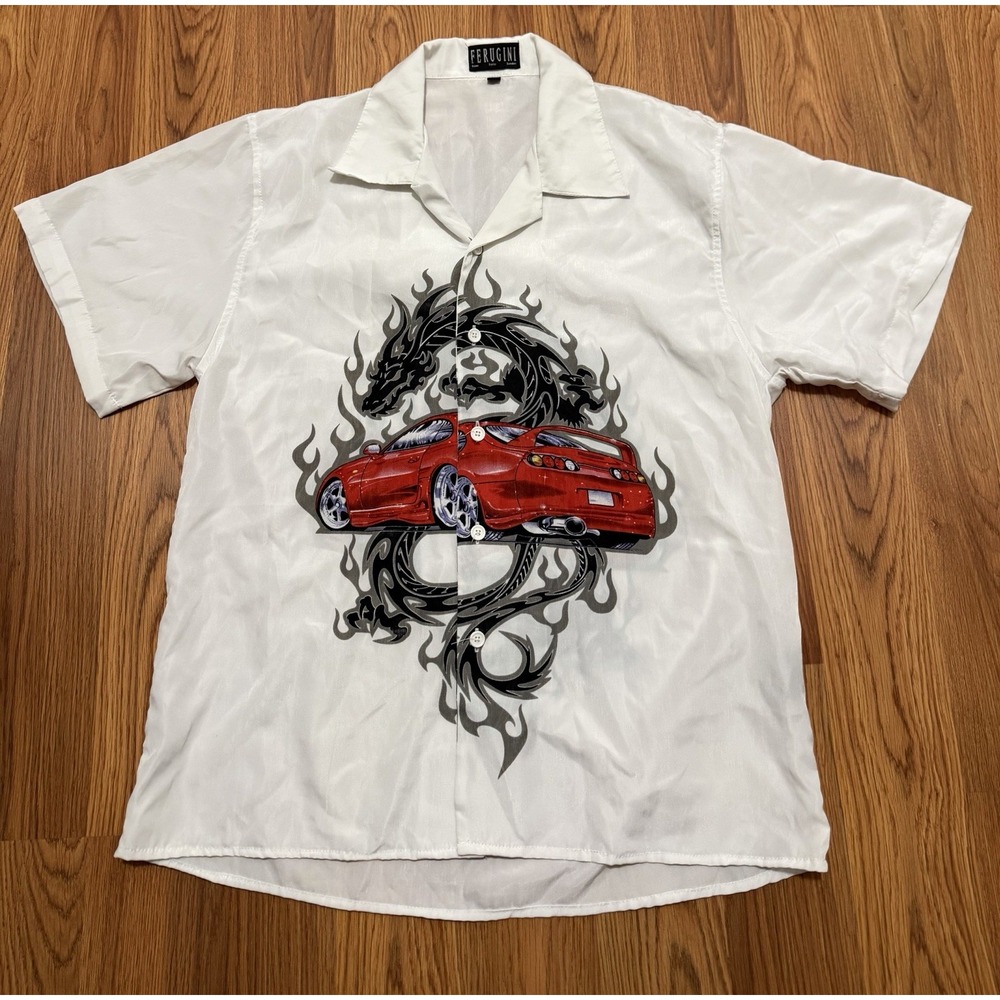 Y2K Dragon Shirt Mens Small Car Graphic Double Sided Camp Collar Ferugini